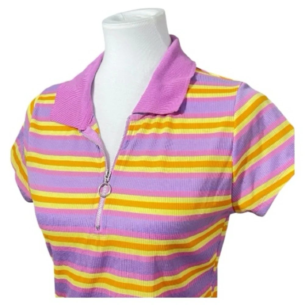Rue 21 Y2K Pink Yellow Striped Ribbed Zip Crop Top